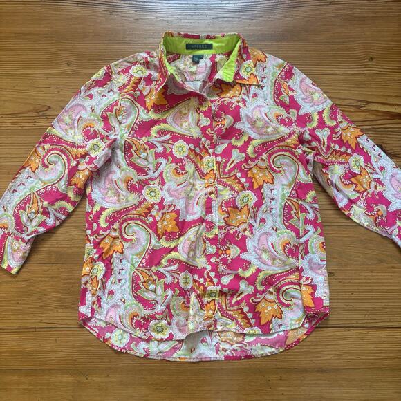 Ralph Lauren Tops - Ralph Lauren red‎ pink paisley quarter sleeve button up womens shirt SIZE L